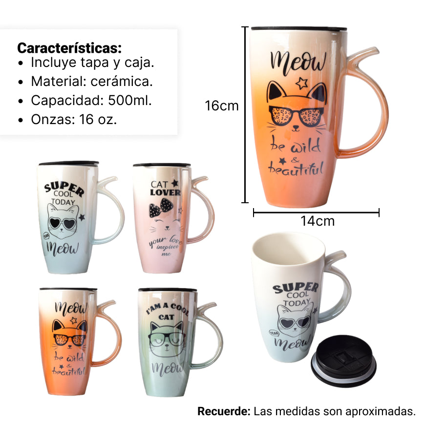 mug pocillo ceramica diseños de gatos con tapa plastica de 5