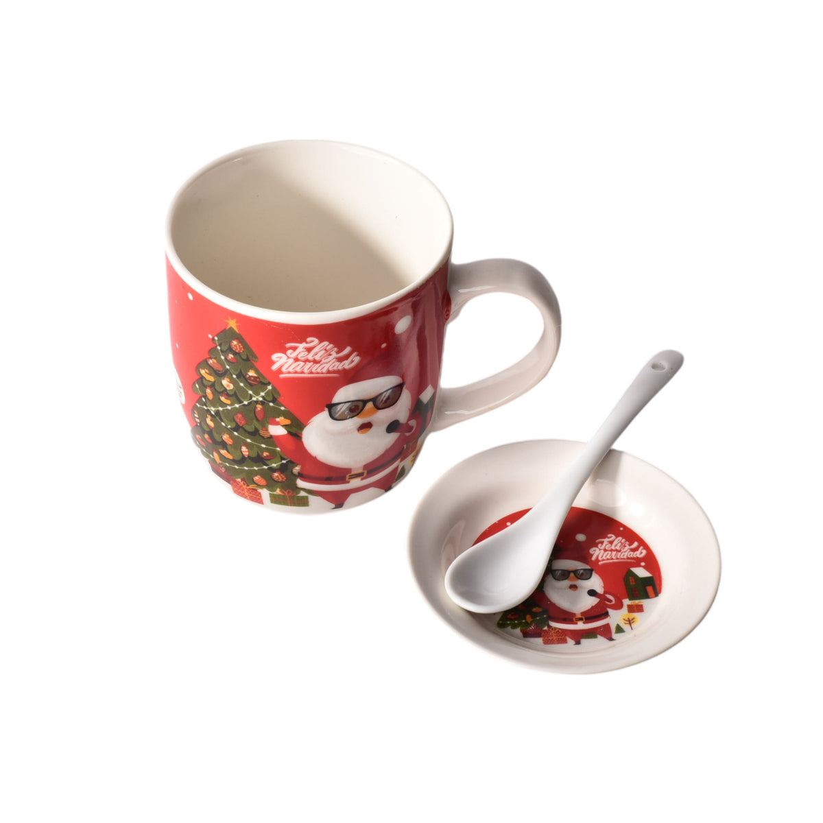 set pocillo ceramica con cuchara y plato de navidad