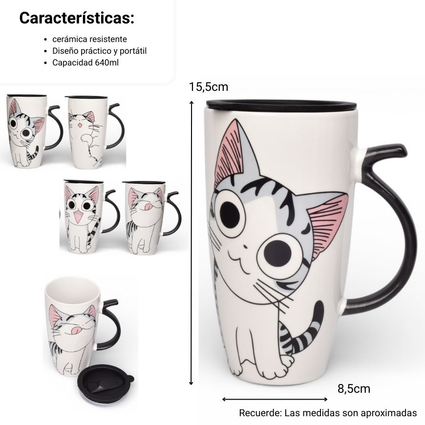 mug pocillo ceramica diseños gatos con tapa de 550ml