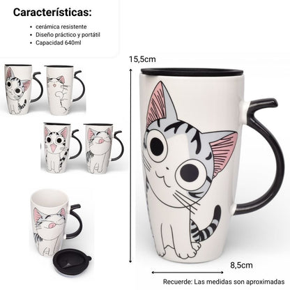 MUG POCILLO CERAMICA DISEÑOS GATOS CON TAPA DE 550ML