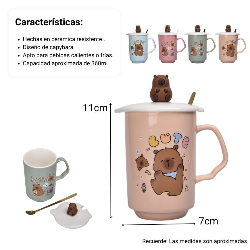 mug pocillo con tapa de ceramica 360ml capybara  dim:11x7x7