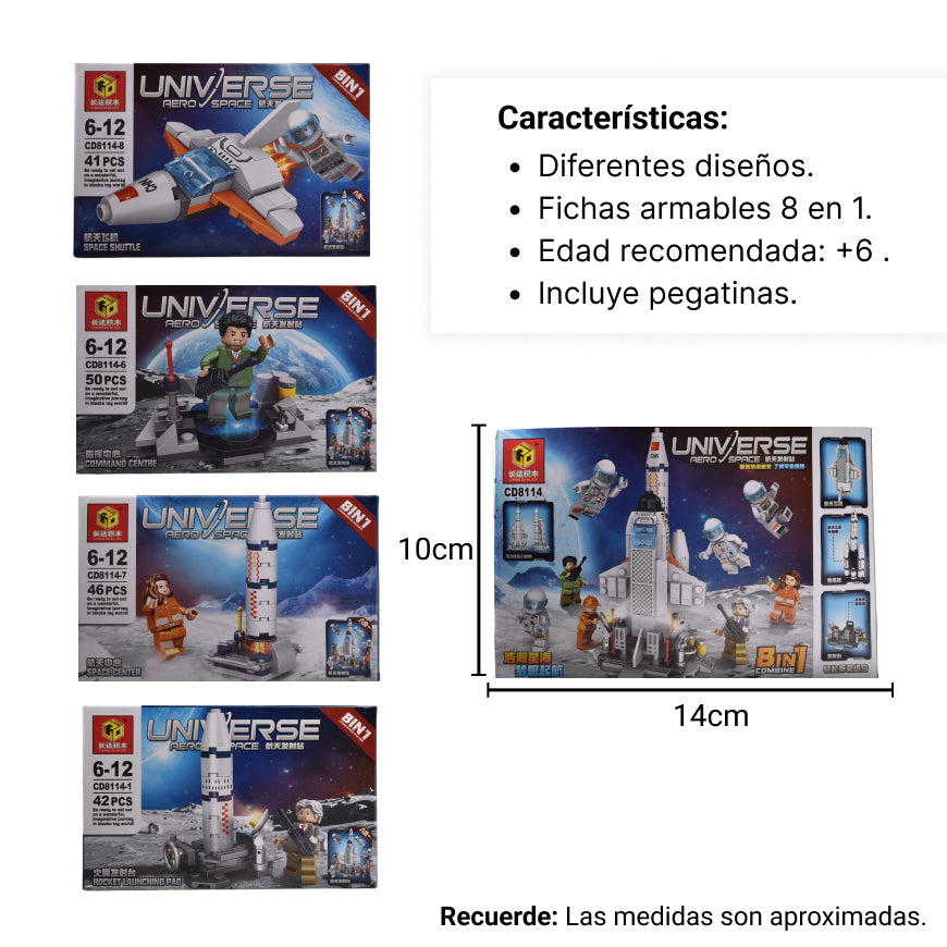 fichas de armar nave 8 en 1 dim:14x9x3cm (207108-207111)