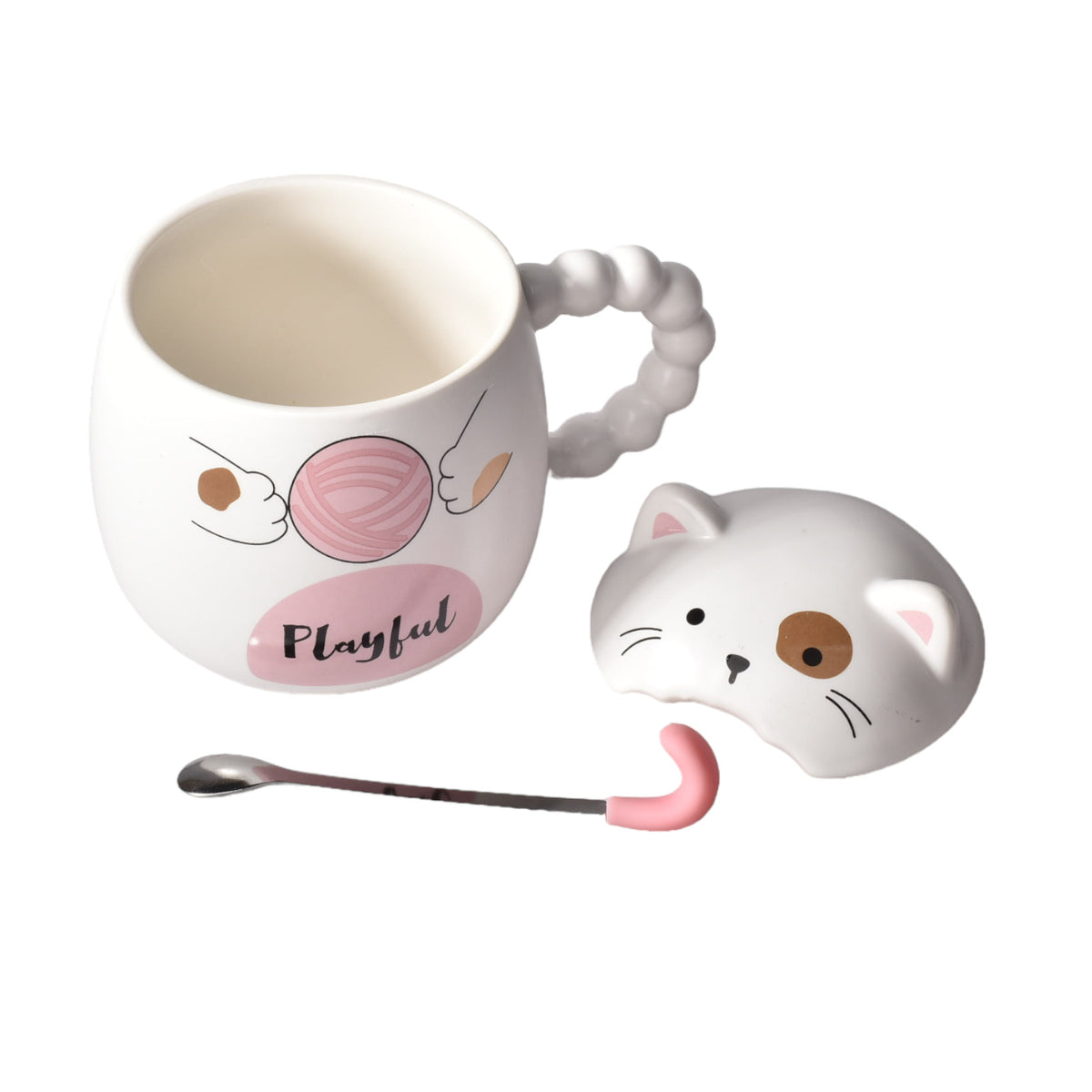 mug pocillo con tapa  cuchara ceramica diseños gatos 360ml