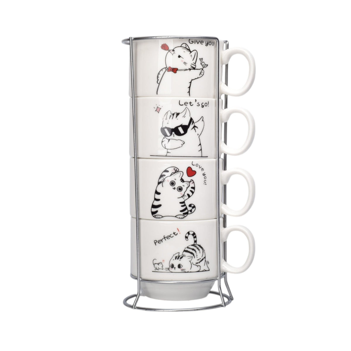 set 4pcs pocillos con base ceramica 150ml diseño gatos dim:7x6x7