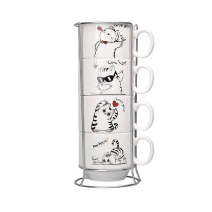 SET 4PCS POCILLOS CON BASE CERAMICA 150ML DISEÑO GATOS DIM:7X6X7