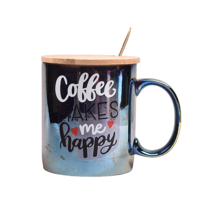 POCILLO TORNASOL MUG CERAMICA CON TAPA MADERA Y CUCHARA