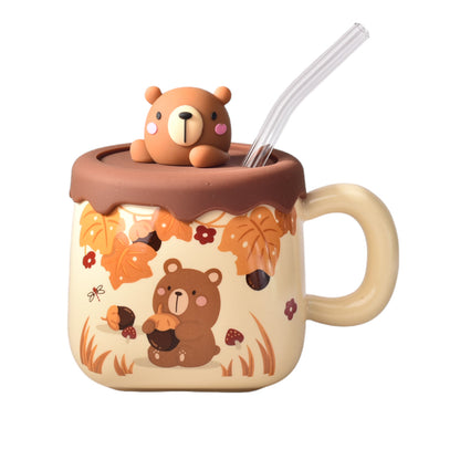 MUG POCILLO CERAMICA DISEÑOS DE OSOS CON PITILLO Y TAPA