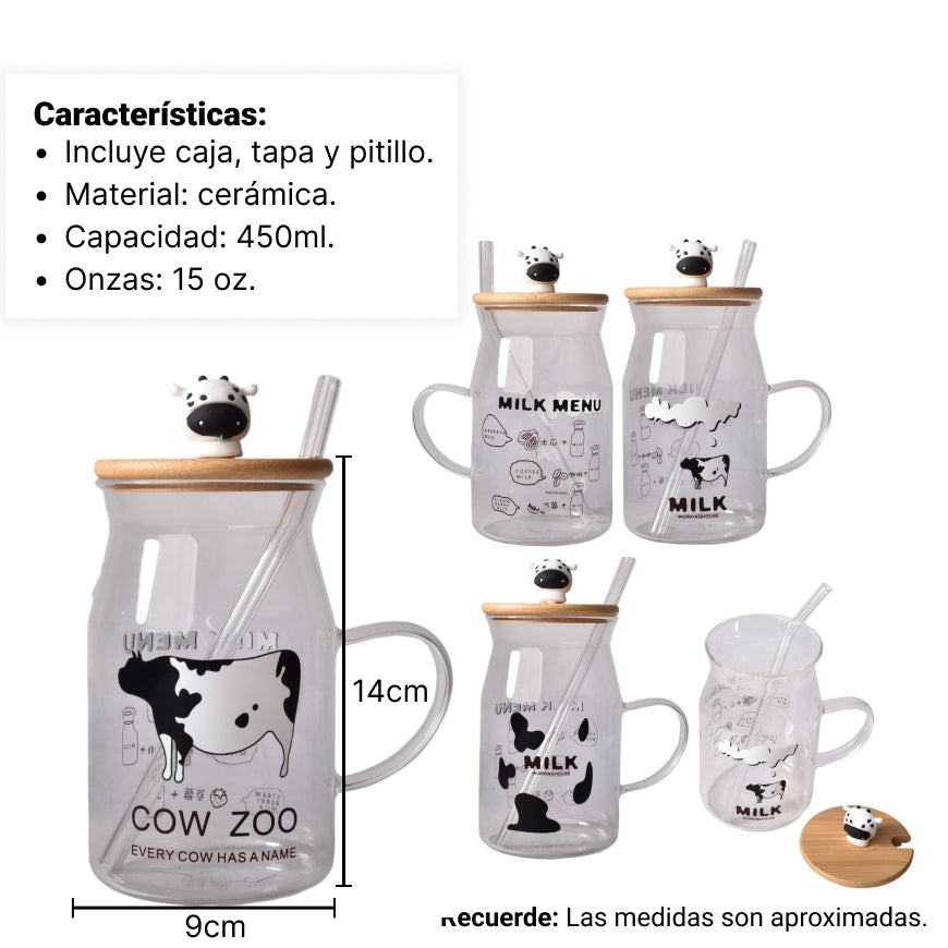 pocillo vidrio con tapa de madera y pitillo diseños de vacas