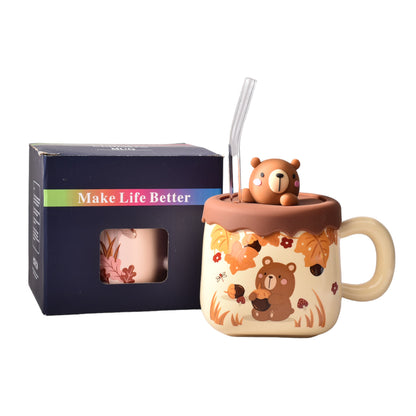 MUG POCILLO CERAMICA DISEÑOS DE OSOS CON PITILLO Y TAPA