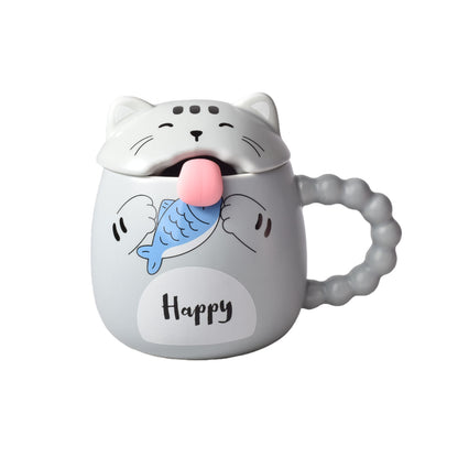MUG POCILLO CON TAPA  CUCHARA CERAMICA DISEÑOS GATOS 360ML