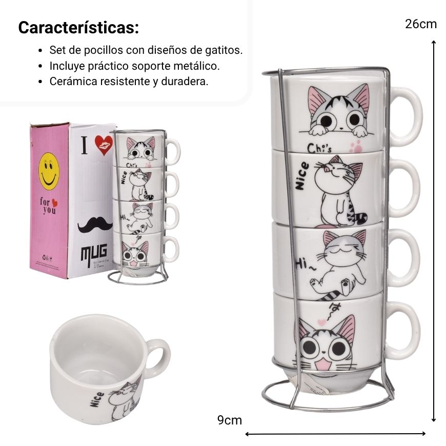 pocillo set 4pcs ceramica con base dim:26x9cm