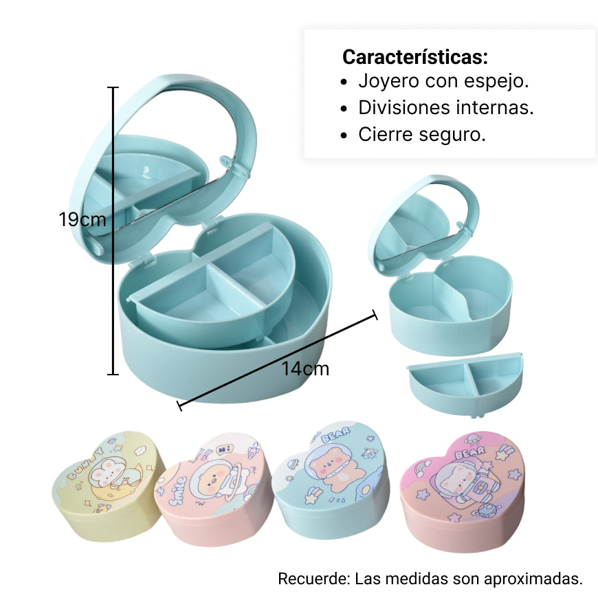joyero organizador de aretes con espejo forma de corazon