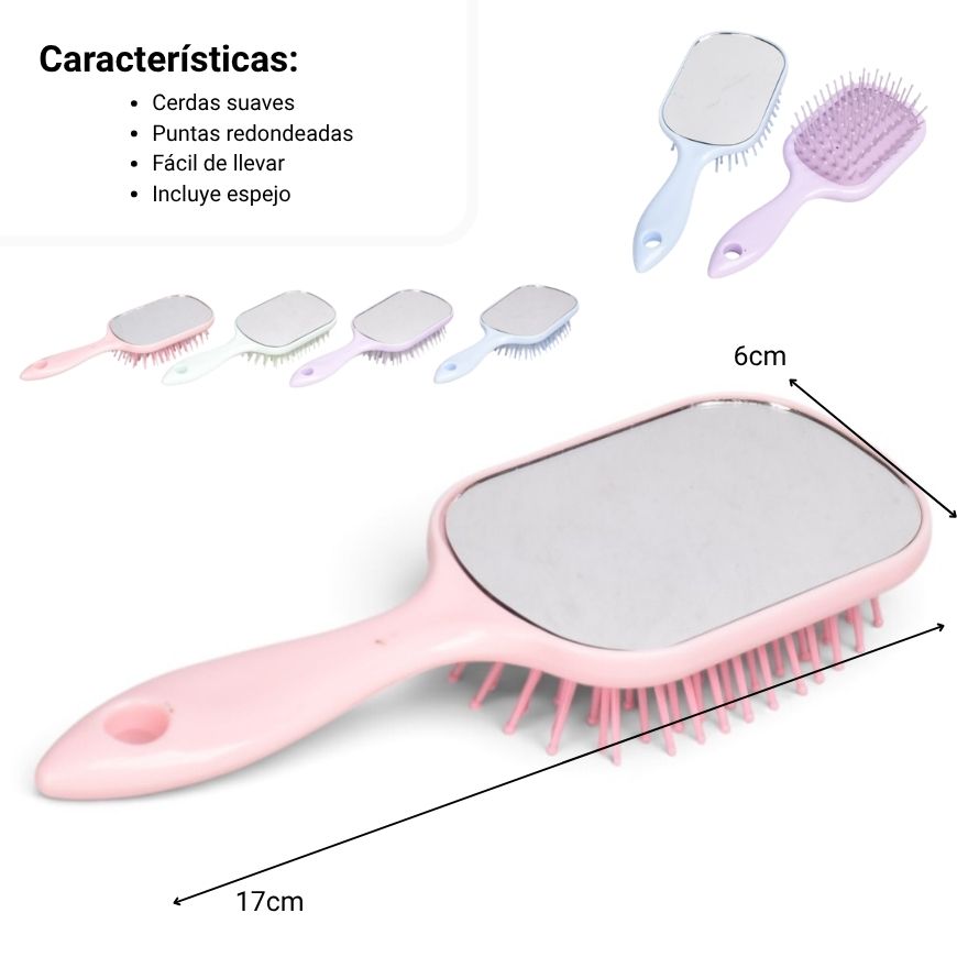 cepillo plastico con espejo para cabello prj dim: 17x6cm