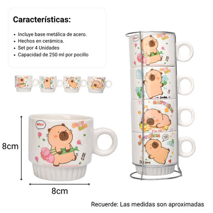 SET 4PCS POCILLOS CON BASE CERAMICA 250ML DISEÑO CAPYBARA DIM:8X8X8