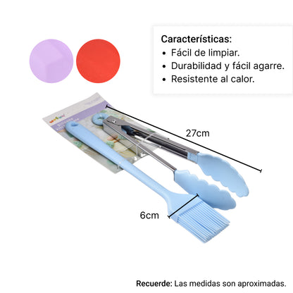 SET UTENSILIOS PARA COCINA EN SILICONA PINZAS Y BROCHA