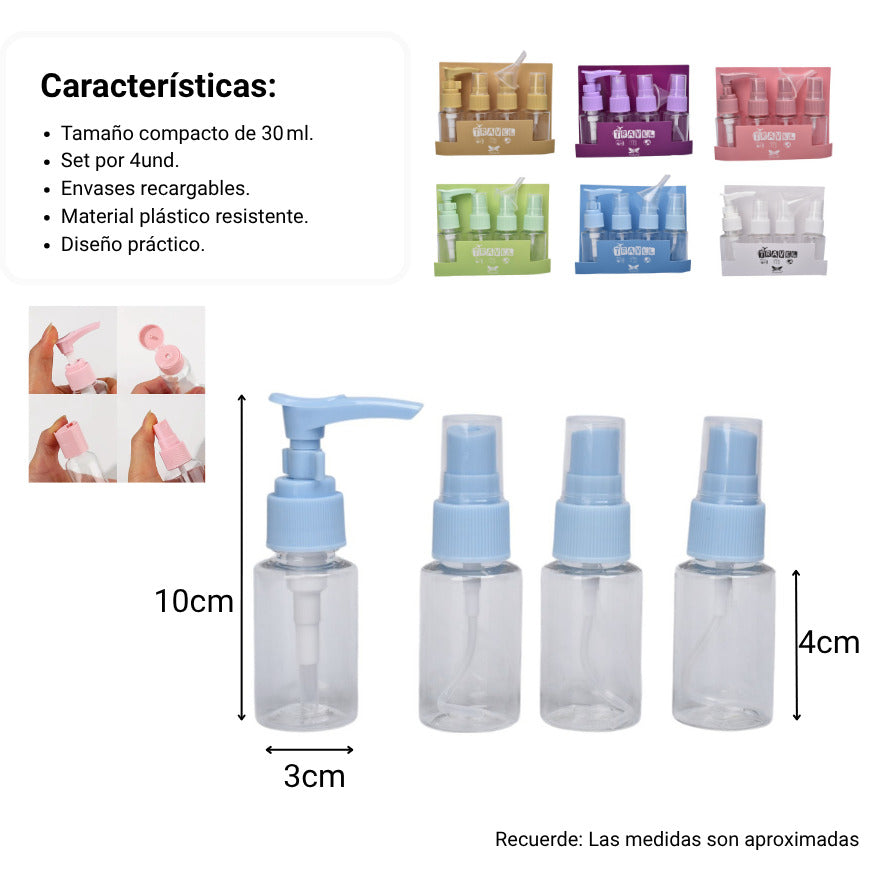 kit 4 envases recargables viajero plastico 30ml