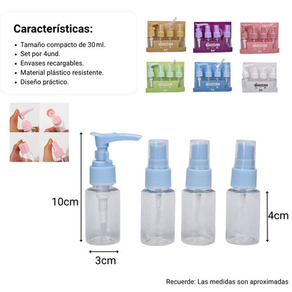 KIT 4 ENVASES RECARGABLES VIAJERO PLASTICO 30ML