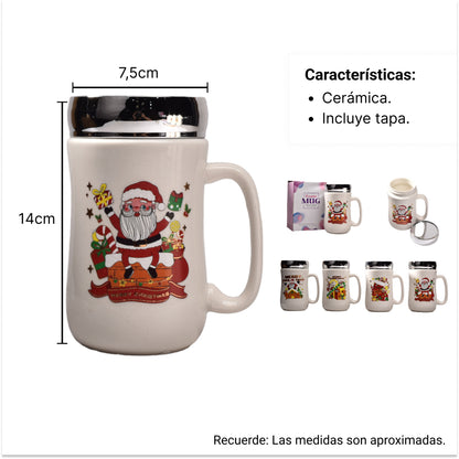MUG POCILLO CON TAPA CERMICA DE NAVIDAD