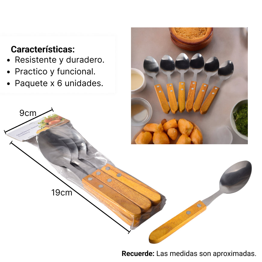 paquete x6 und cuchara en acero inoxidable con mango madera