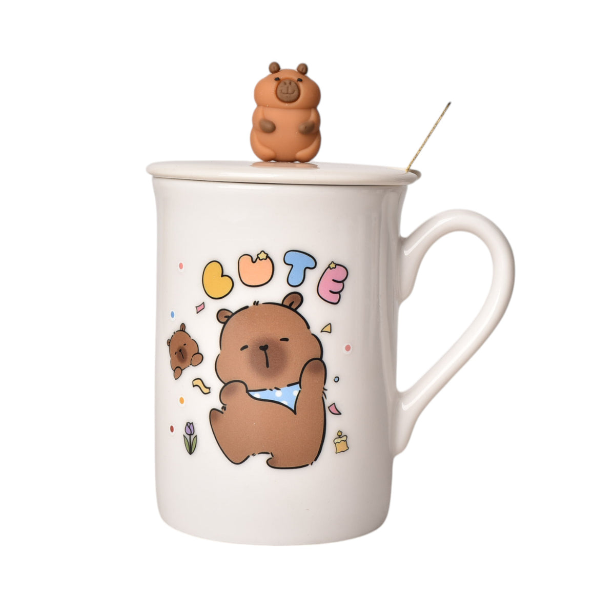 mug pocillo con tapa cuchara ceramica diseños capybara 360ml