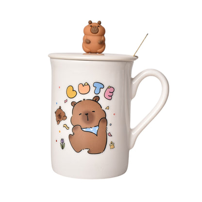 MUG POCILLO CON TAPA CUCHARA CERAMICA DISEÑOS CAPYBARA 360ML