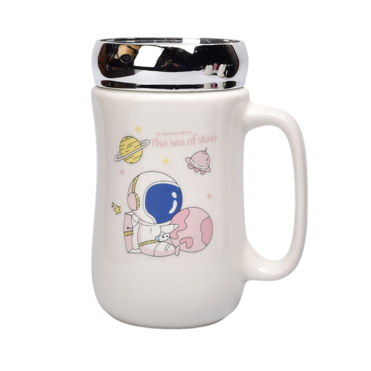 pocillo ceramica diseño astronauta con tapa 450ml dim:7x14