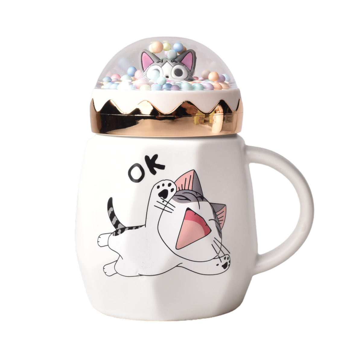 mug pocillo ceramica diseño de gato con tapa de 400ml 9x9x14