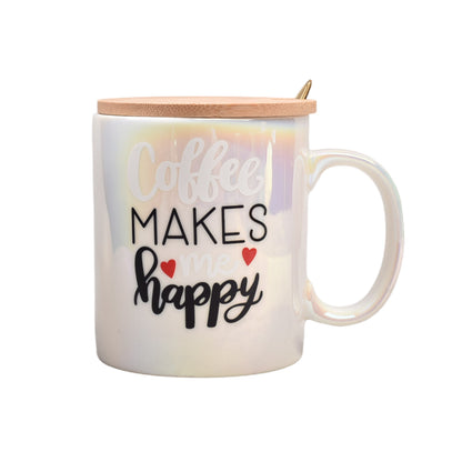POCILLO TORNASOL MUG CERAMICA CON TAPA MADERA Y CUCHARA