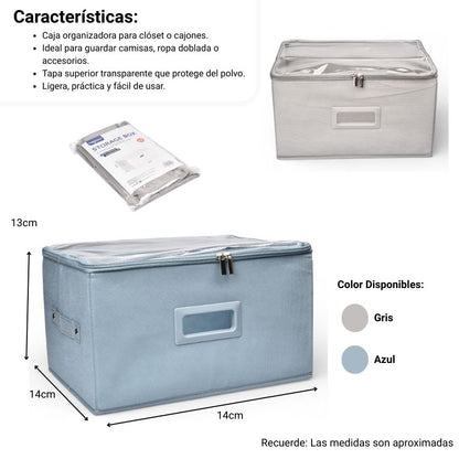 ORGANIZADOR DE ROPA CON TAPA FIBRA POLIESTER GRIS AZUL DIM:35X26X20