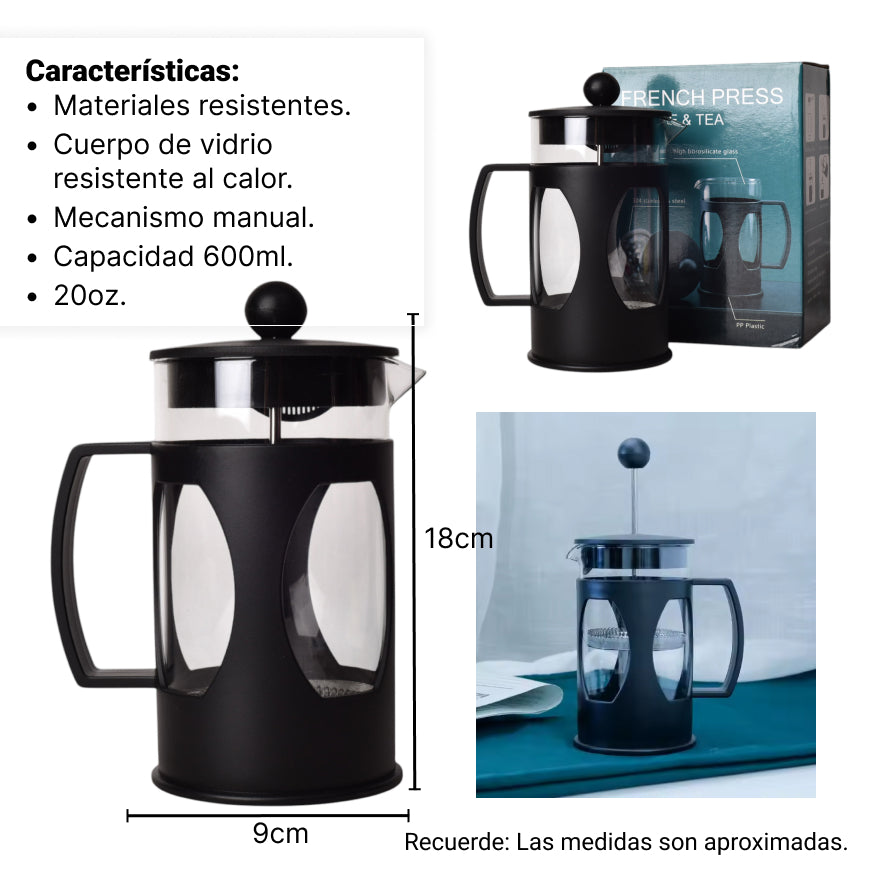 cafetera prensa francesa plastico y vidrio 600ml dim:9*9*18