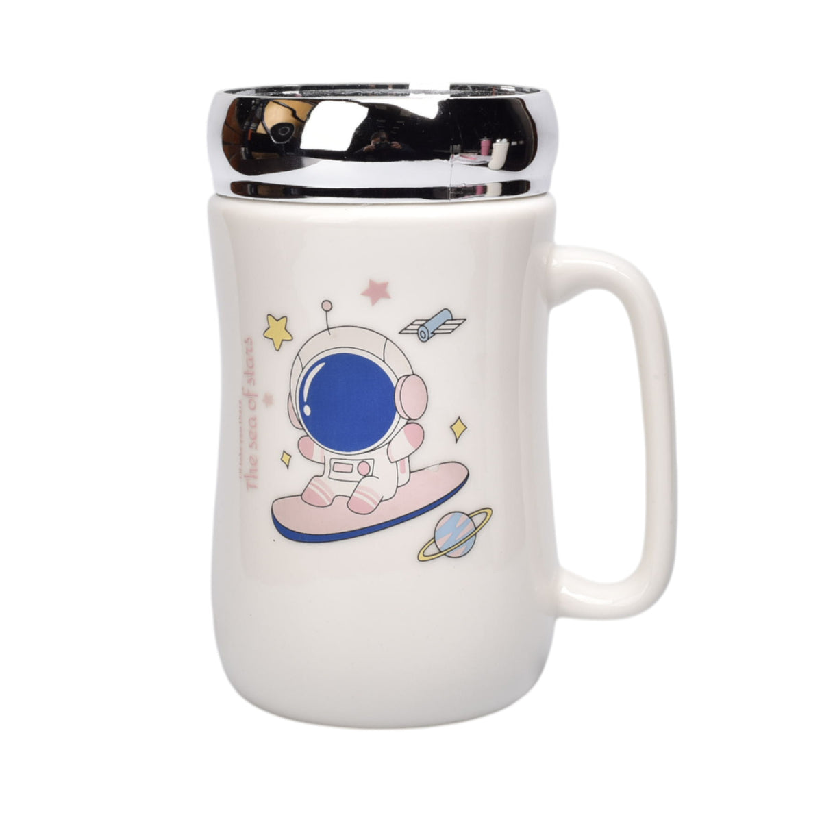 pocillo ceramica diseño astronauta con tapa 450ml dim:7x14