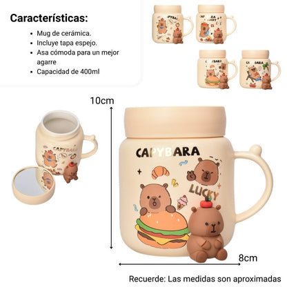 MUG POCILLO CERAMICA CAPYBARA CON TAPA ESPEJO 400ML DIM:8X10