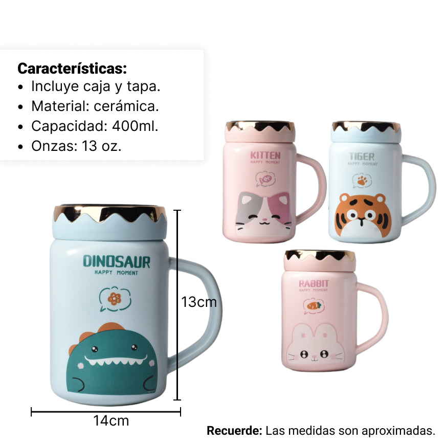 mug pocillo ceramica diseños de animales con tapa de 450ml