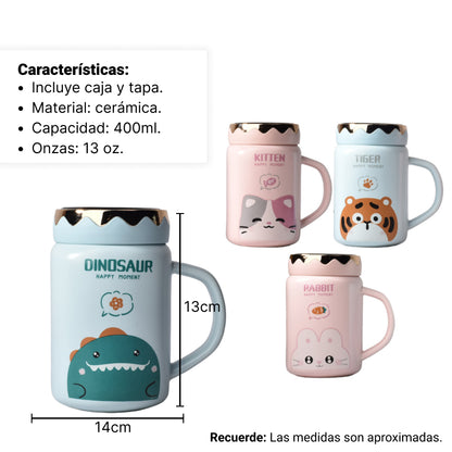 MUG POCILLO CERAMICA DISEÑOS DE ANIMALES CON TAPA DE 450ML