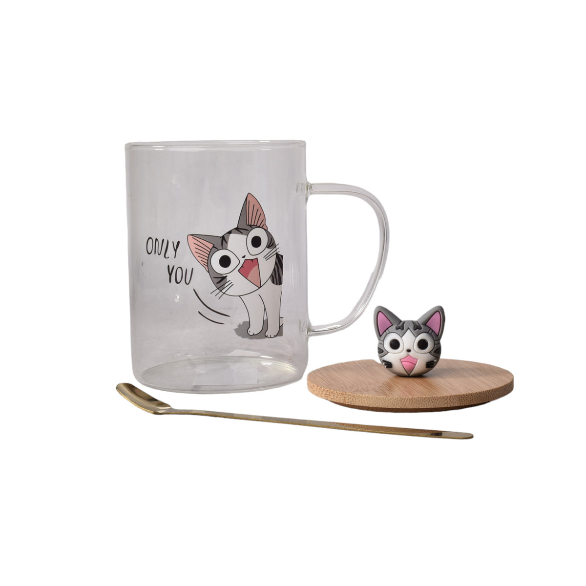 mug pocillo transparente diseño de gatos en vidrio con tapa