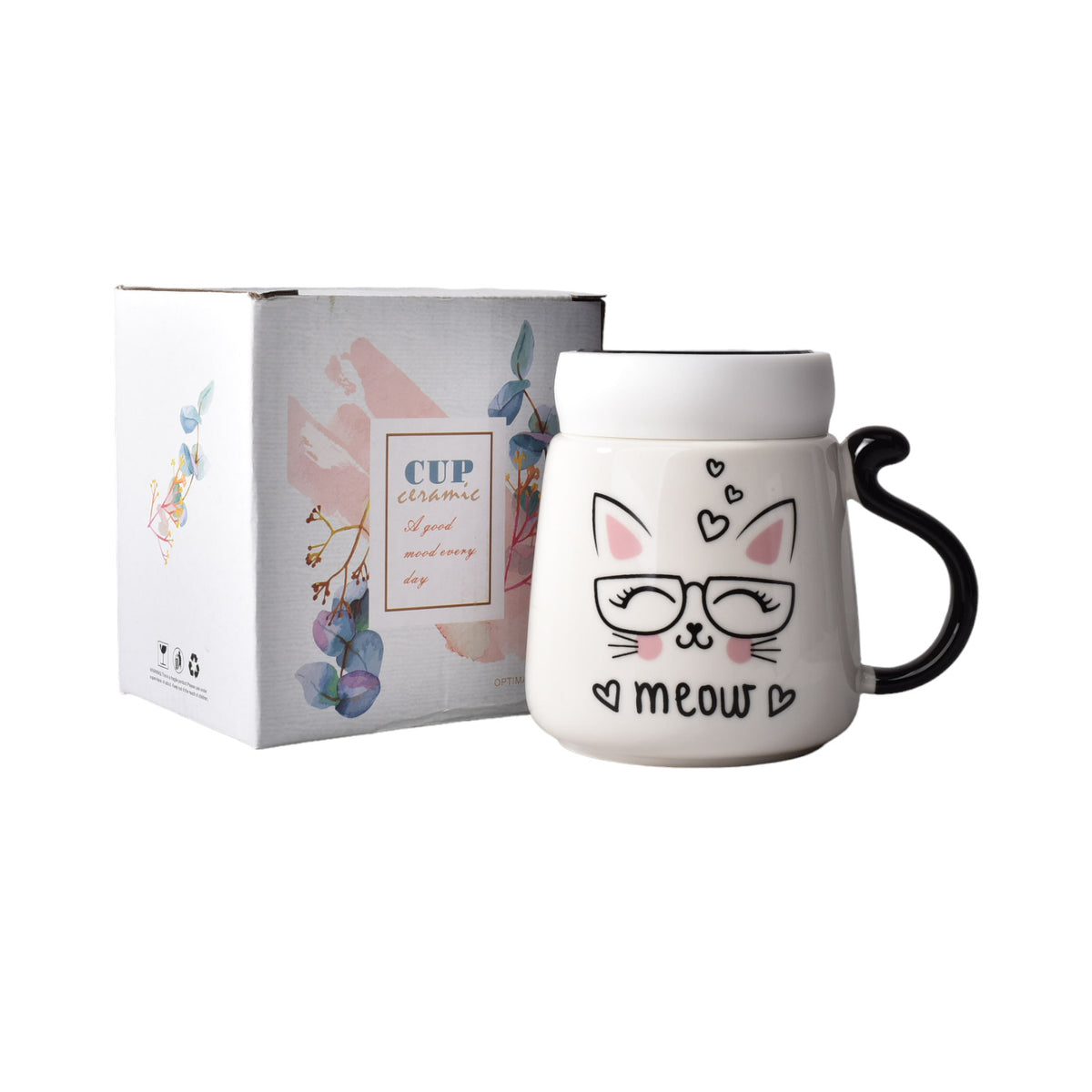 mug pocillo ceramica diseños de gatos con tapa de 450ml