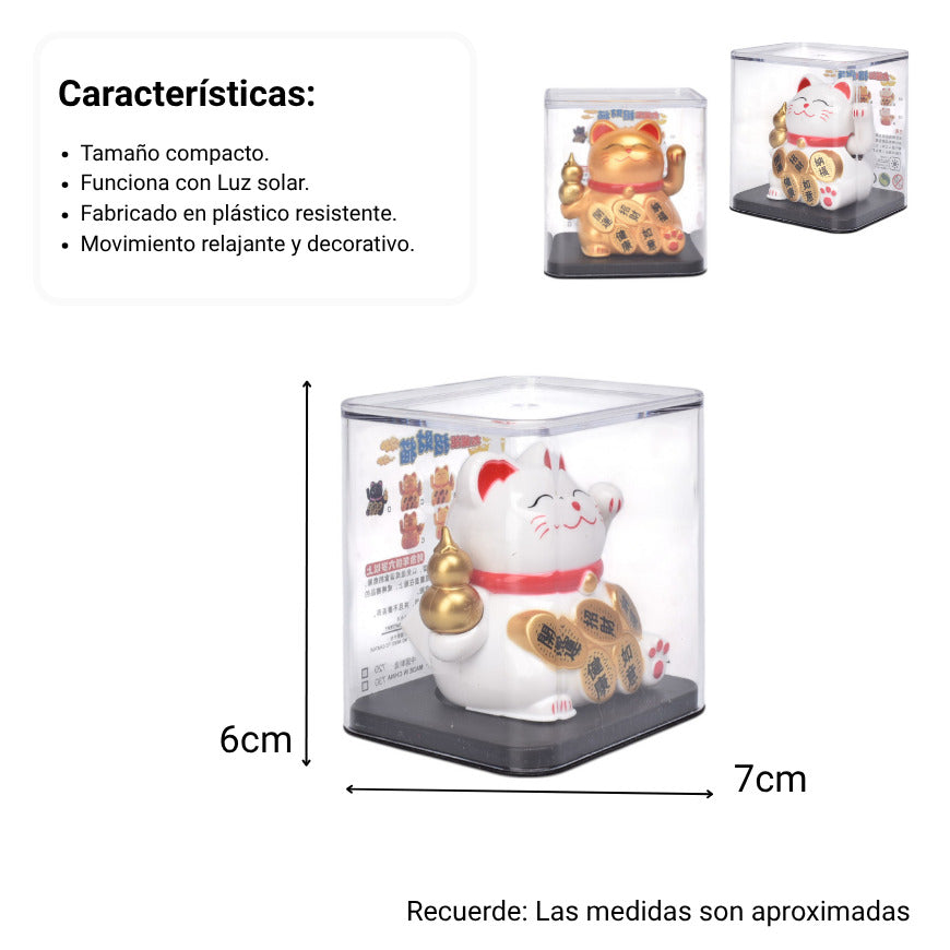 gato de la suerte solar plastico color dorado blanco dim:5x7x6