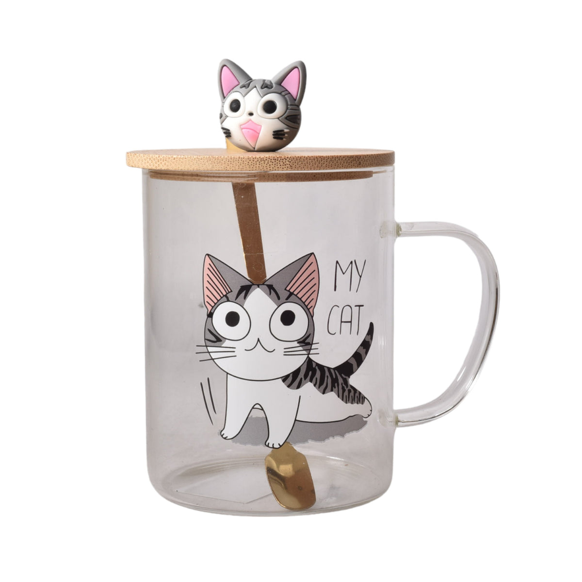 mug pocillo transparente diseño de gatos en vidrio con tapa