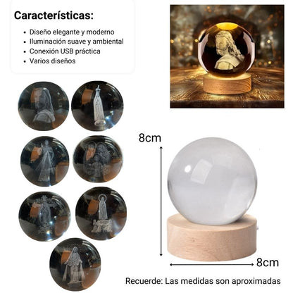 LAMPARA ESFERA CRISTAL VIDRIO CON BASE MADERA DIM:8X8