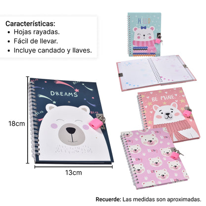 DIARIO PARA NIÑA CON CANDADO Y LLAVE DIM:13*17.5CM