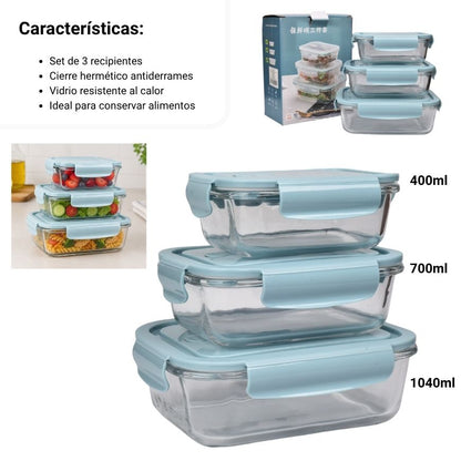 PORTACOMIDA SET 3PCS VIDRIO Y PLASTICO 400,700,1040ML