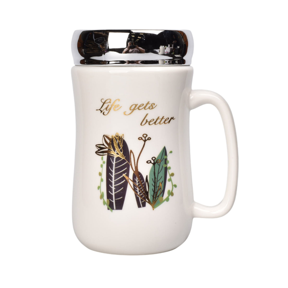 mug pocillo ceramica tapa espejo flores 450ml