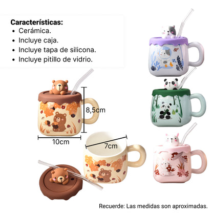MUG POCILLO CERAMICA DISEÑOS DE OSOS CON PITILLO Y TAPA