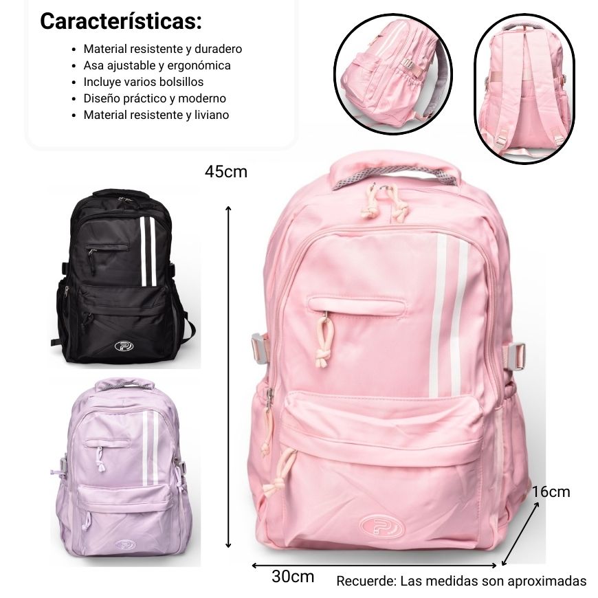 maleta morral negro lila y rosado poliester dim:45x30x16