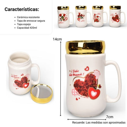 MUG POCILLO CERAMICA TAPA ESPEJO 420ML DIM:6X6X13