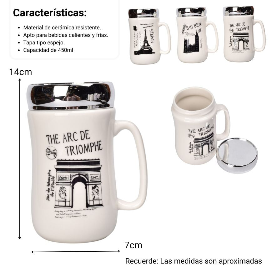 mug pocillo ceramica tapa espejo 450ml
