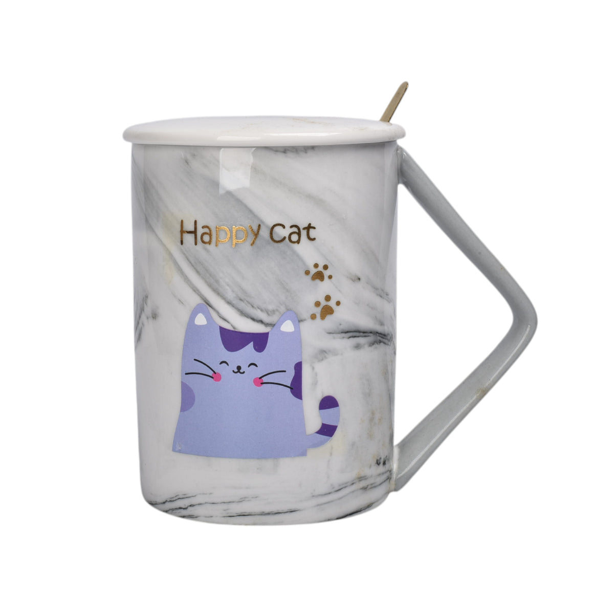 mug pocillo con tapa y  cuchara de ceramica diseño gatos 430ml dim:8x8x11