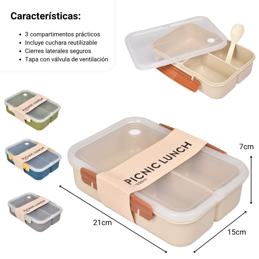 portacomida con divisiones y con cubierto plastico 1200ml