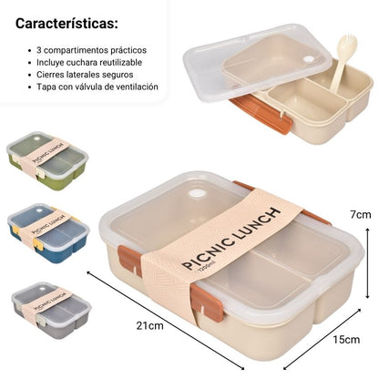 PORTACOMIDA CON DIVISIONES Y CON CUBIERTO PLASTICO 1200ML