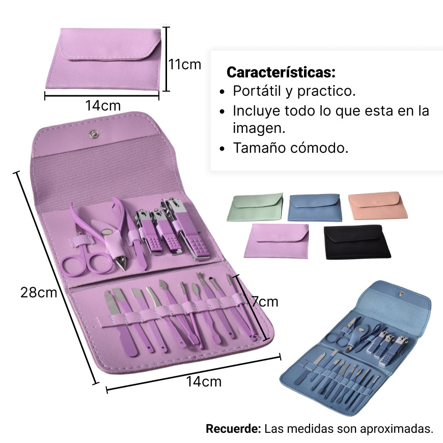 set cortauñas manicure 16 piezas sintetico+acero dim:11x14